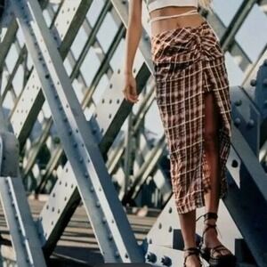 ZARA Brown Plaid Ruched Slit Midi Skirt Womens Size S